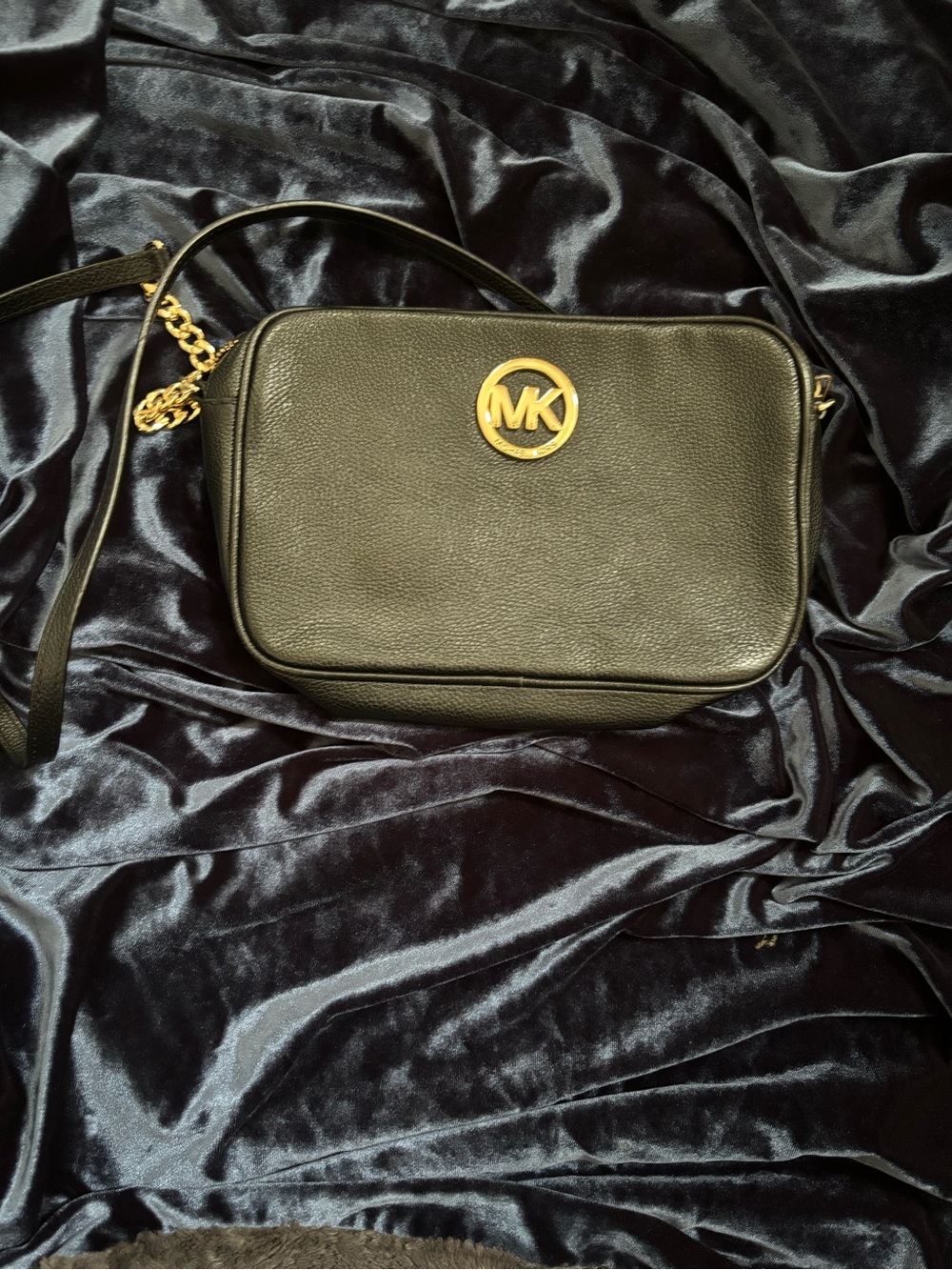 Michael Kors Black Pebbled Leather Crossbody with Gold MK Emblem